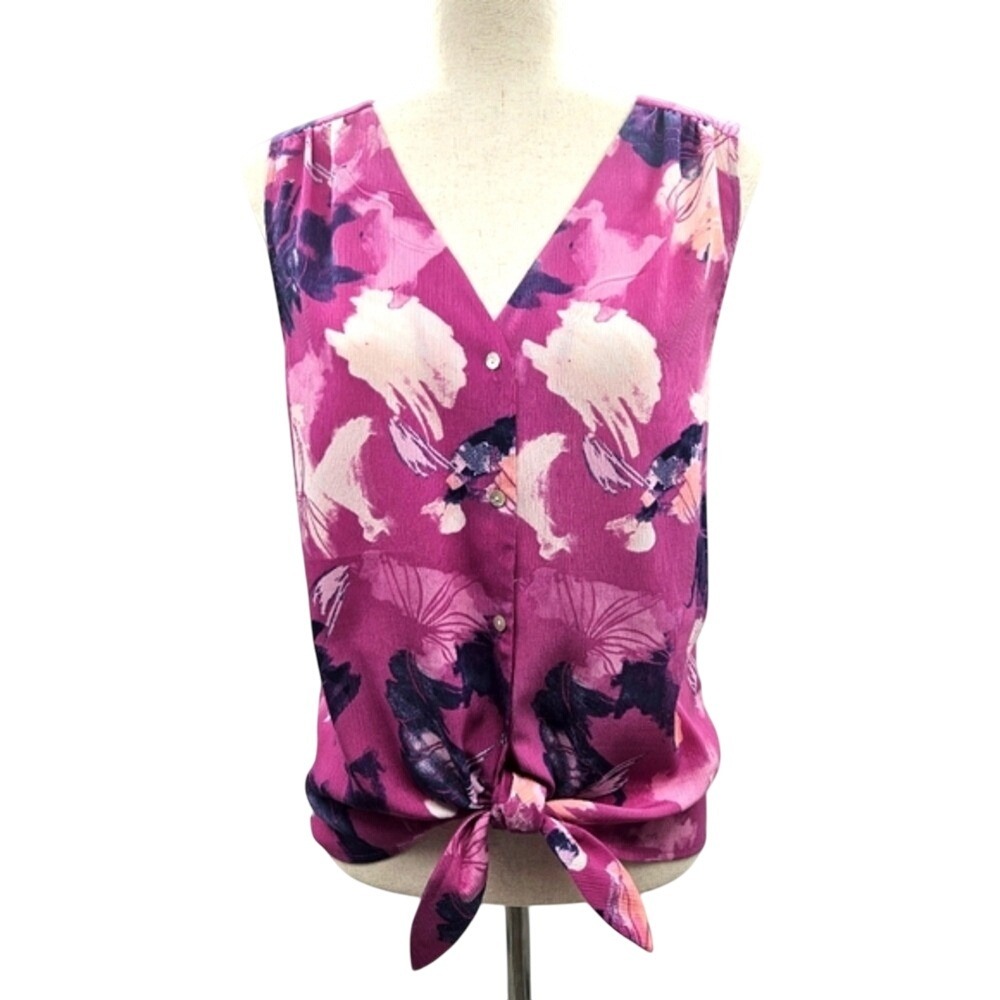 NINE WEST Womens Pink Floral Tie Front V Neck Sleeveless Blouse Top Size L